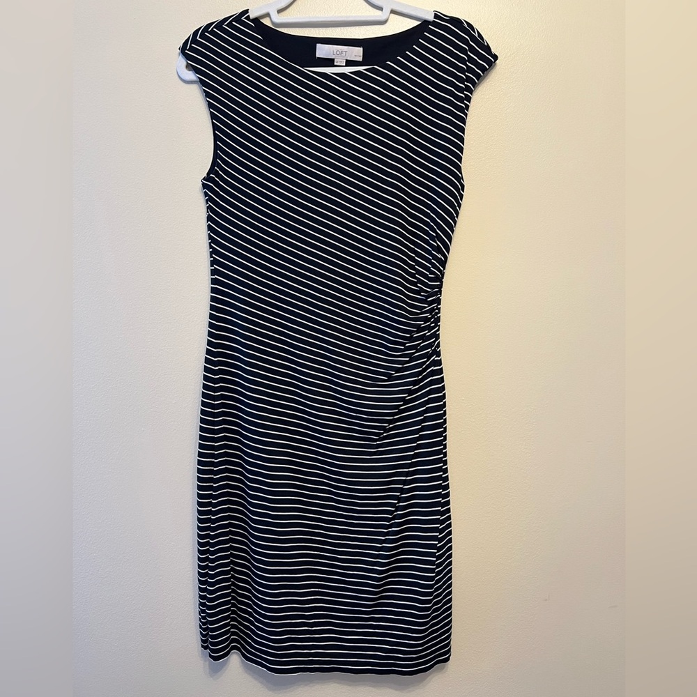 Ruched Cap Sleeves Dress Black White Striped